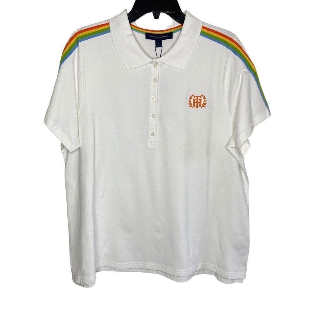 TOMMY HILFIGER Womens White Polo Shirt NEW Rainbow Collar Cotton Stretch Sz 1X